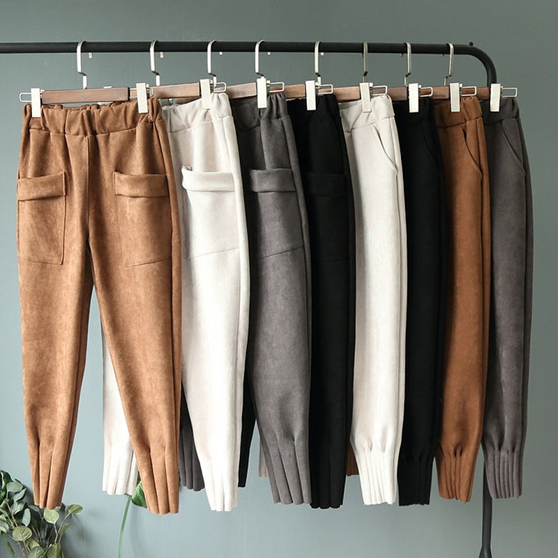 Pantalones bombachos de ante para mujer, pantalón de cintura alta, elástico, coreano, informal, Otoño e Invierno