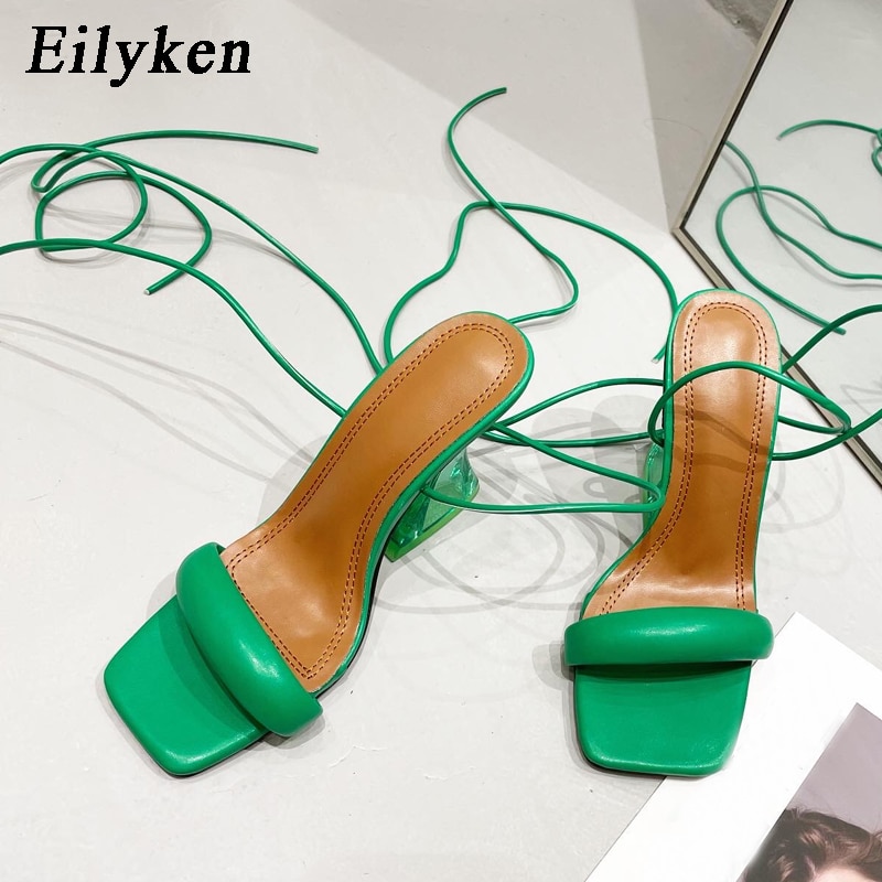 Eilyken-Sandalias de tacón alto transparentes para mujer, calzado con tira en el tobillo, estilo extraño, punta cuadrada, color verde, 2022
