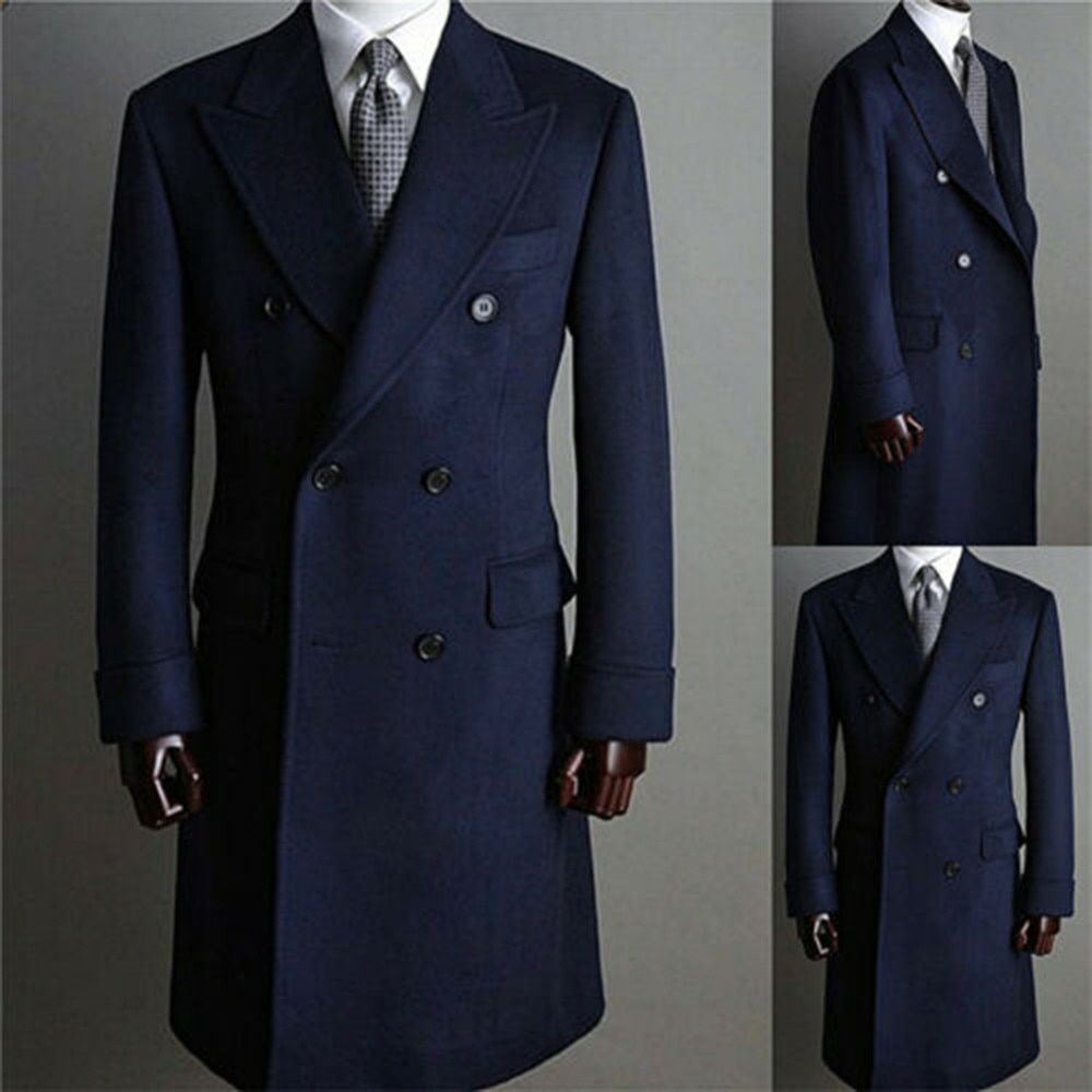 Abrigo de lana de Tweed para Hombre, Blazer ajustado de doble botonadura, a la medida, con solapa de pico, Color Azul Marino