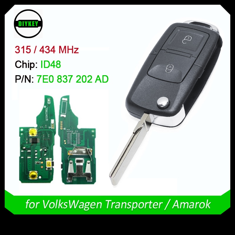 DIYKEY-llave de coche remota con tapa, mando a distancia, 2 botones, 315/434MHz, CAN ID48, para VW, Volkswagen, Transporter, Amarok, 7E0, 837, 202, AD, 7E0837202AD