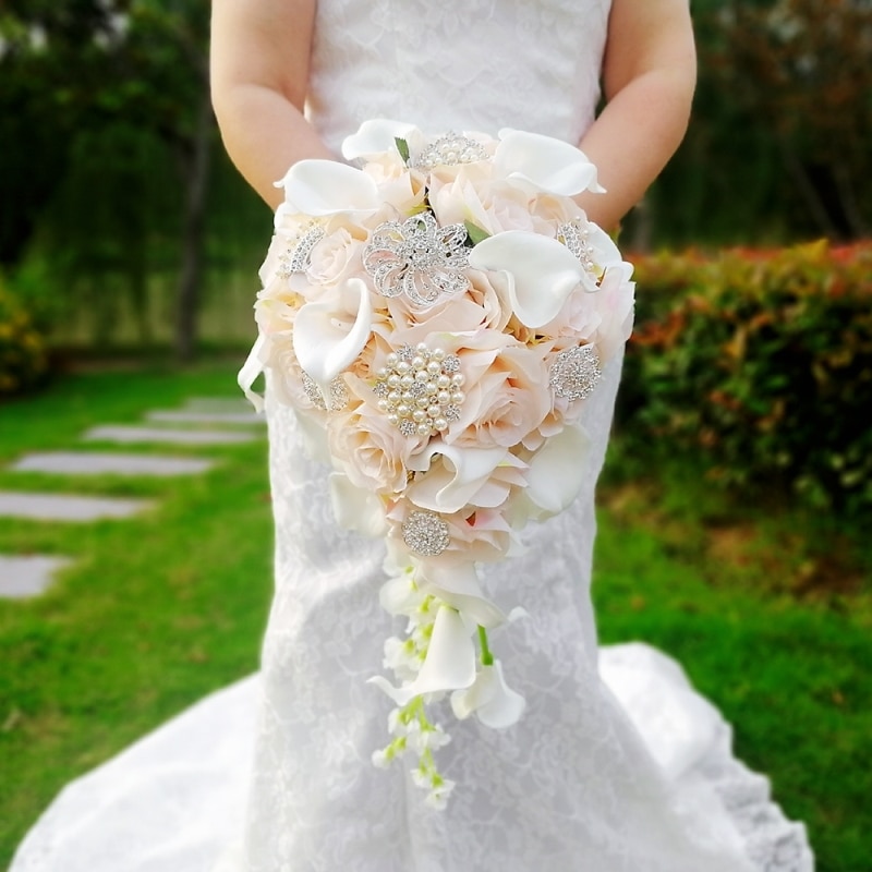 Ramo de novia rosa, flores de boda en cascada, lirio blanco, ramo de novia