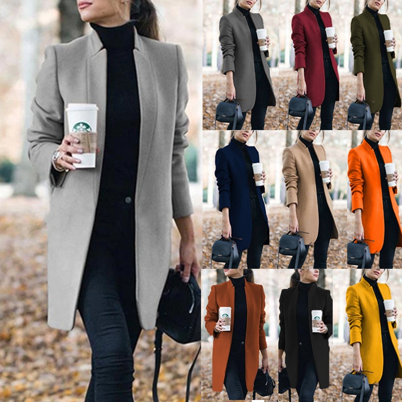 Las mujeres gabardina Abrigo largo de invierno de 2021 primavera solapa manga larga Abrigo de moda de señoras de la Oficina sólido Slim Abrigo prendas de vestir Abrigo Mujer