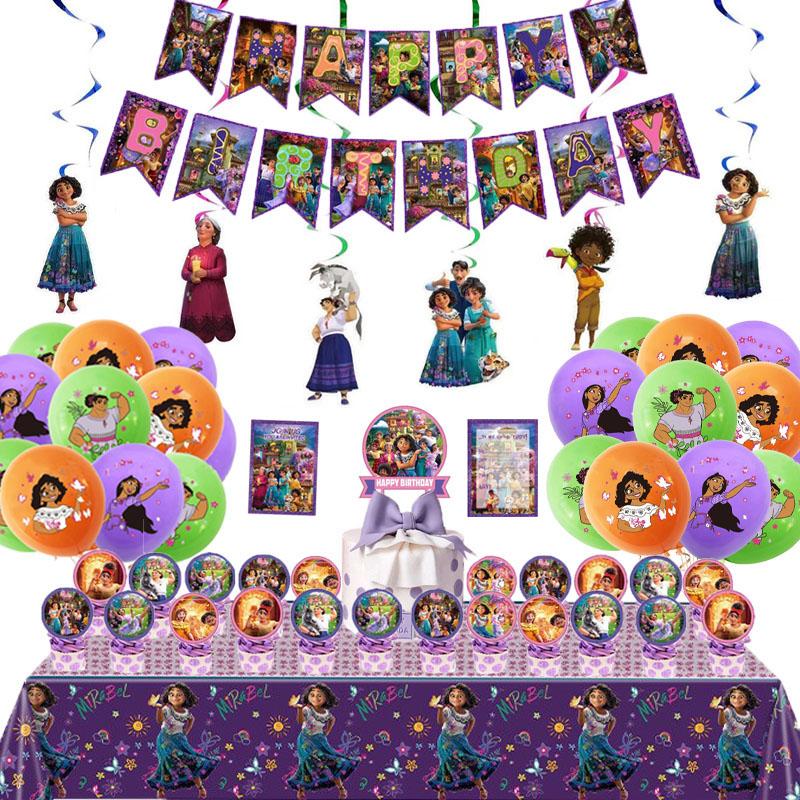 Abalorio de Disney para fiesta mágica, plato de papel, taza de papel, polea de cumpleaños, juego en espiral, póster, pegatina de pared, suministros de cubiertos