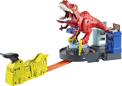 Hot Wheels – City T-Rex Devorador Destructor, Pista de Coches de Juguete con Dinosaurio (Mattel GWT32), Embalaje sostenible