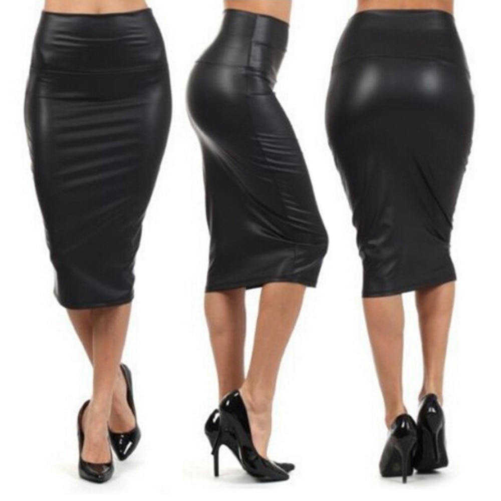 Faldas tubo de cintura alta de invierno Club Vintage Bodycon Midi falda de talla grande de cuero PU falda Sexy jupe faldas S, M, L, XL, 2XL, 3XL