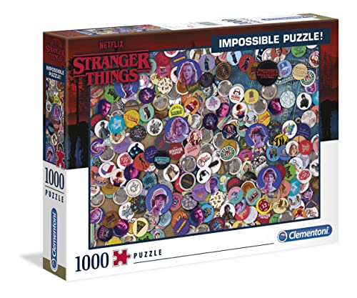 Clementoni – Puzzle 1000 piezas Imposible Stranger Things chapas, puzzle series Netflix adulto (39528)