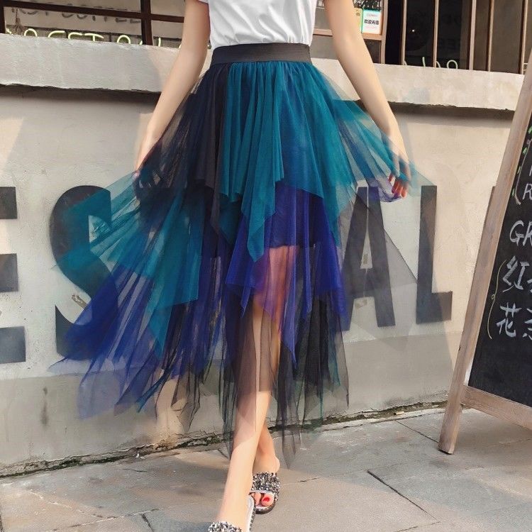Falda de tul de Color degradado Irregular para Mujer, Faldas largas de cintura alta, de burbuja, para primavera y verano