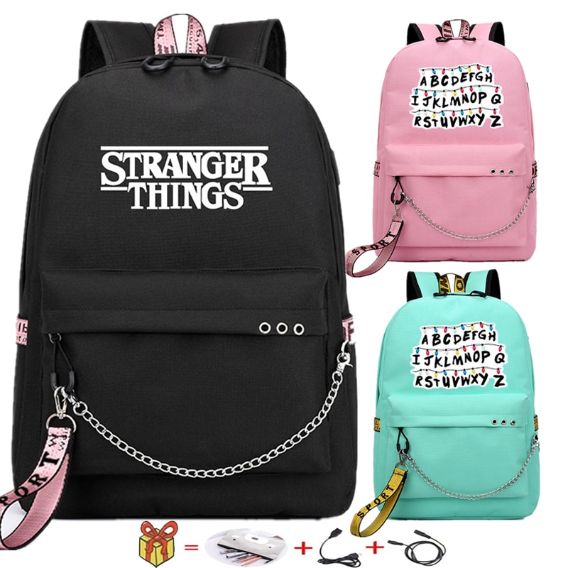 Mochila USB Stranger Things, bolsas escolares para libros, bolsas de viaje para aficionados, mochila con cadena para ordenador portátil, puerto para auriculares, bolsas impermeables para ordenador portátil