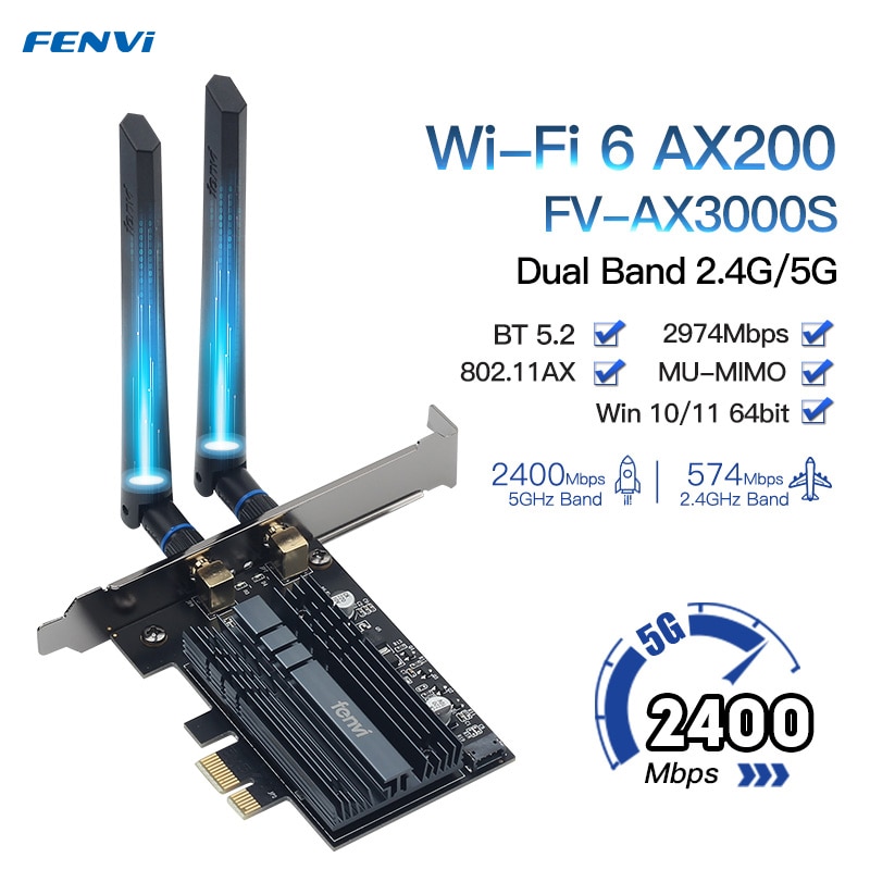 Fenfi-adaptador inalámbrico AX3000 WiFi 6 3000Mbps PCIe para Bluetooth 5,2, tarjeta WiFi Intel AX200 802.11AX 2,4G/5Ghz, PC Win10/11