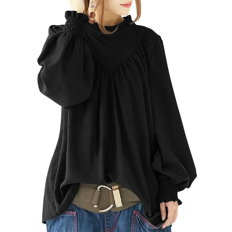 ZANZEA-camisa de oficina informal Vintage para mujer, Blusa lisa de manga abombada, ropa de trabajo con volantes, 2022
