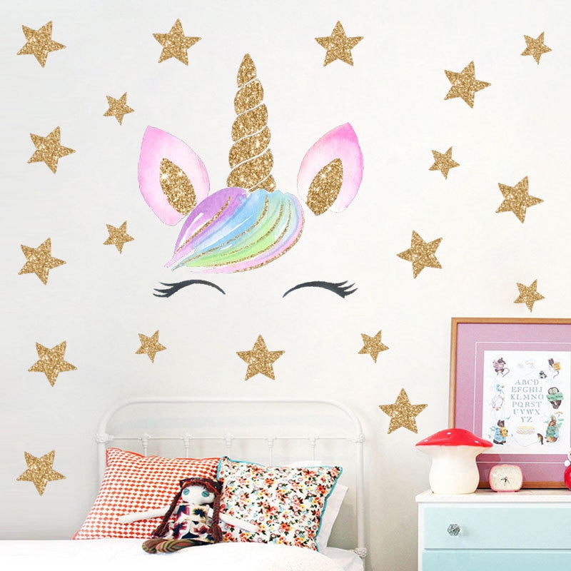 Pegatina de pared de unicornio de dibujos animados para sala de estar, dormitorio, decoración del hogar, pegatinas de pared para habitaciones de niños, decoración del hogar moderno