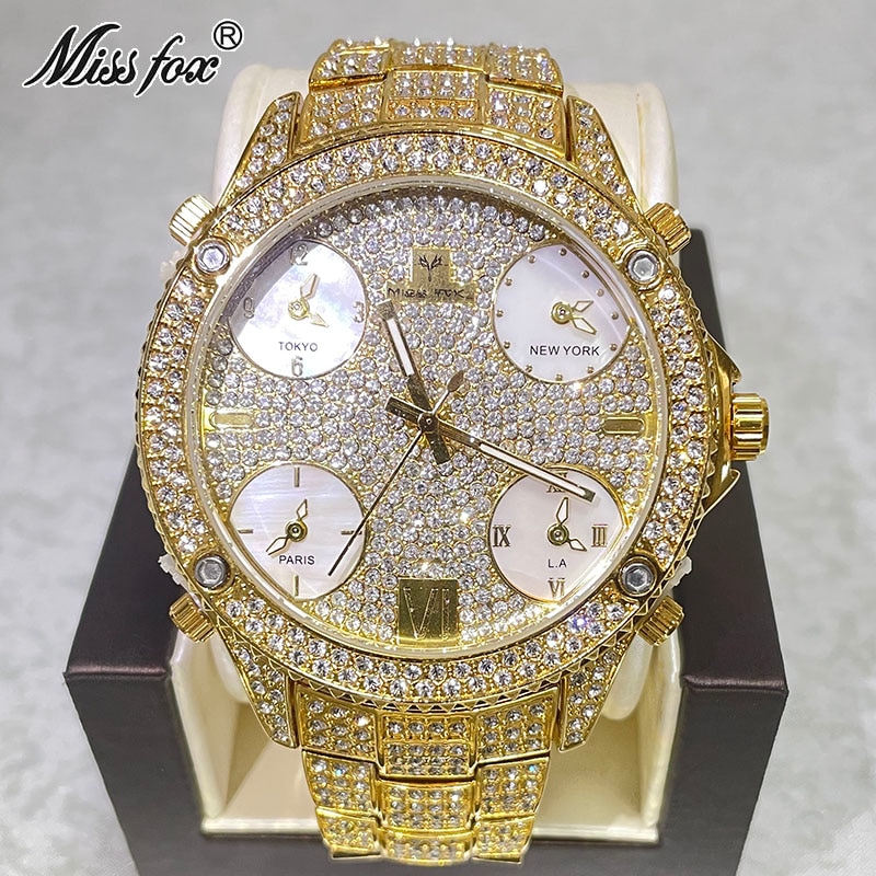 MISSFOX-Reloj de pulsera de acero inoxidable para hombre, accesorio masculino de pulsera resistente al agua con esfera redonda grande de 51mm, complemento masculino clásico de estilo Hip Hop dorado, marca de moda