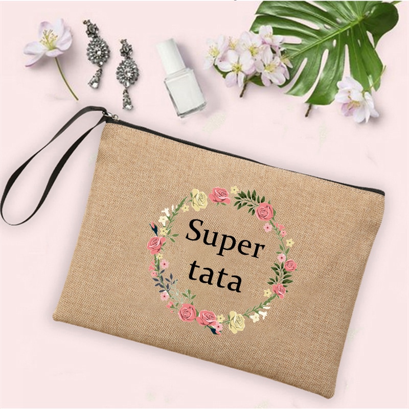 Tata Super Tata Wreath-Bolsa de lino con cremallera para mujer, organizador de artículos de tocador de viaje, Neceser de maquillaje
