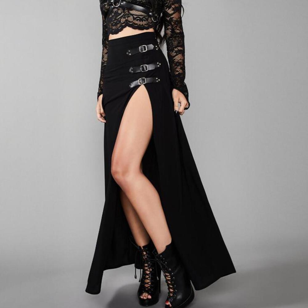 Falda larga gótica con abertura lateral para mujer, Falda recta de cuero con remaches y hebilla, longitud hasta el tobillo, negra
