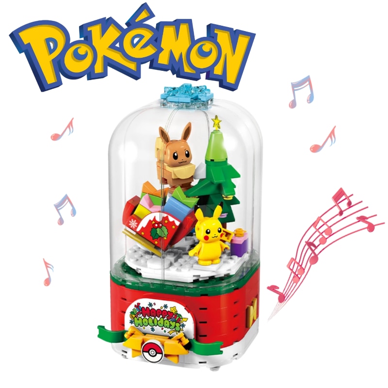 Caja de música giratoria de juguete para niños, juguete de ladrillos para regalo de Navidad de Pokémon, Pikachu, coche de calle, paisaje Kawaii