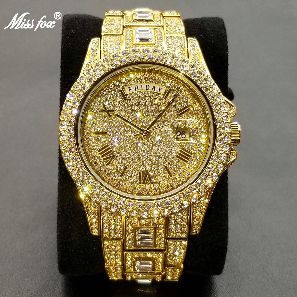 MISSFOX-Reloj de lujo para hombre, cronógrafo dorado con diamantes completos, estilo Hip Hop, resistente al agua, con fecha y día, producto superventas 2022