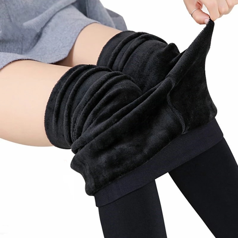 Mallas cálidas de terciopelo para mujer, Leggings de cintura alta, Color sólido, Color negro