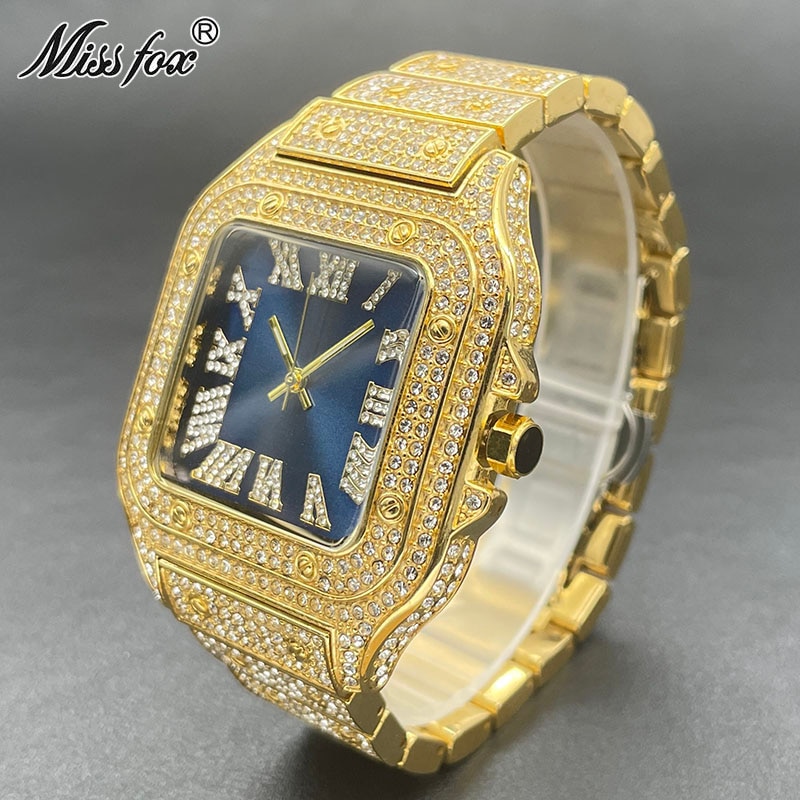 MISSFOX-Reloj de pulsera cuadrado para hombre, cronógrafo de lujo, oro de 18K, color azul, resistente al agua, con diamantes AAA