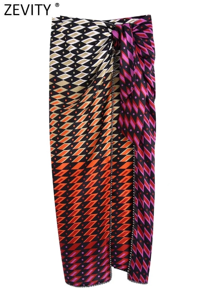 Zevity-Falda Midi anudada con estampado geométrico para Mujer, falda de Color Vintage con cremallera lateral, QUN964