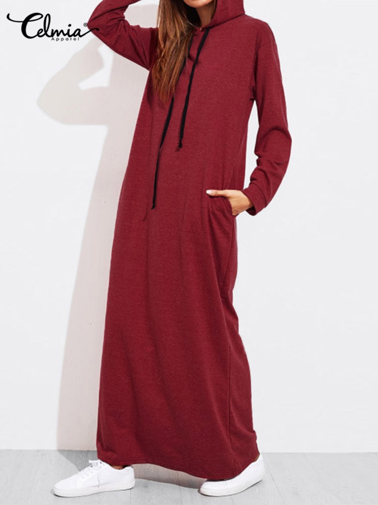 Celmia-Vestido largo Vintage con capucha para mujer, sudadera de manga larga con capucha, ropa de otoño e invierno, 2022