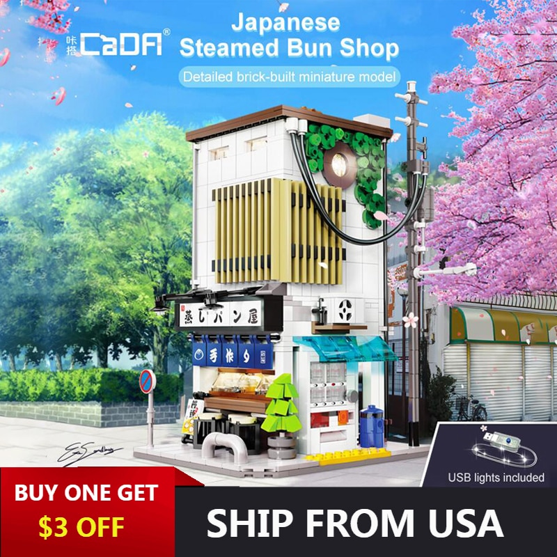 Bloques de construcción modulares para niños, juguete de ladrillos con vista de calle de ciudad japonesa, tienda de bollos al vapor, casa ligera, modelo 1108 piezas