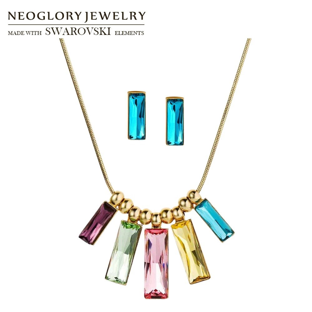 Neoglory-Conjunto de joyería de cristal, collar y pendientes de diseño rectangular colorido, regalo de fiesta adornado con cristales de Swarovski