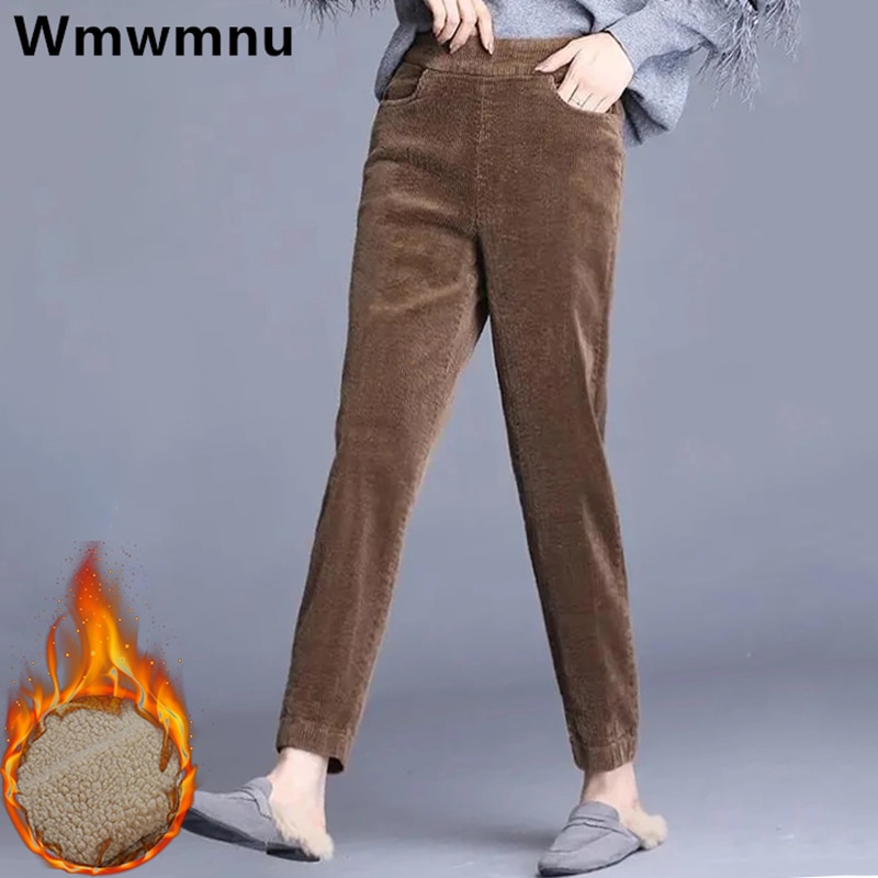 Pantalones Capris de terciopelo con forro polar grueso para mujer, pantalón informal, elástico, de cintura alta, holgado, coreano, para la nieve, Invierno