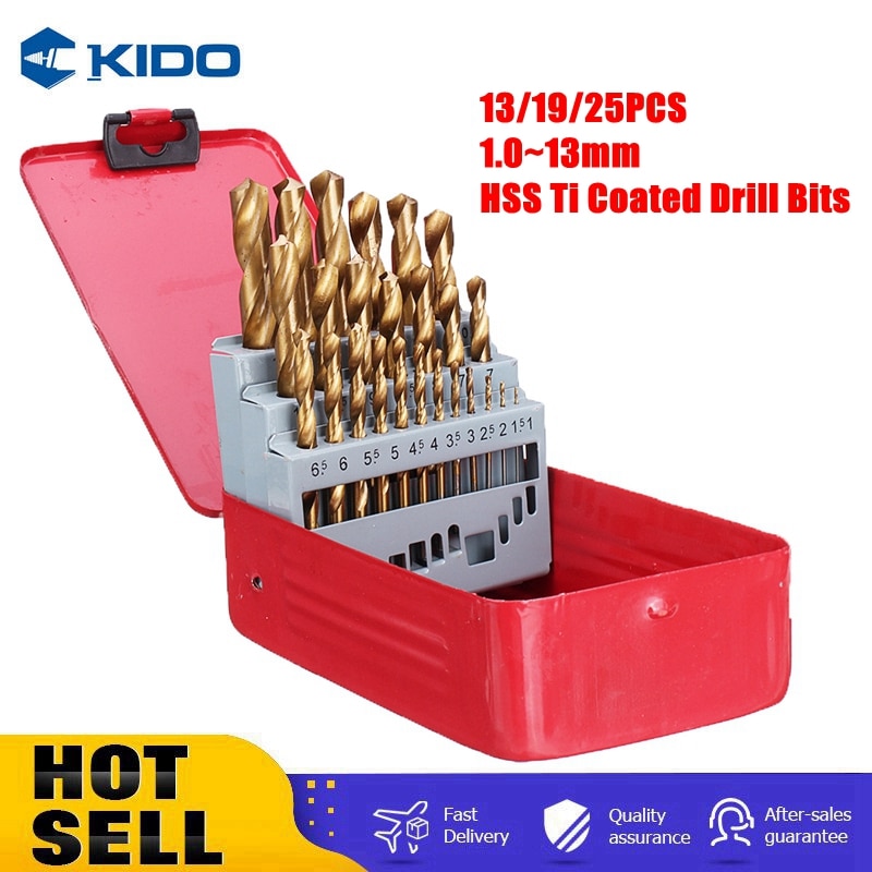 KIDO-Juego de brocas recubiertas HSS Ti, vástago recto para carpintería de Metal, herramientas eléctricas de perforación con caja de Metal, 13/19/25 piezas, 1,0 ~ 13mm