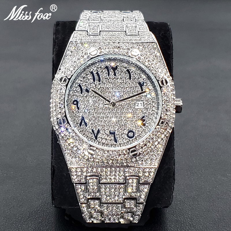 Reloj de pulsera de cuarzo con diamantes para hombre, cronógrafo de lujo con número árabe de acero inoxidable, resistente al agua, estilo Hip Hop, gran oferta