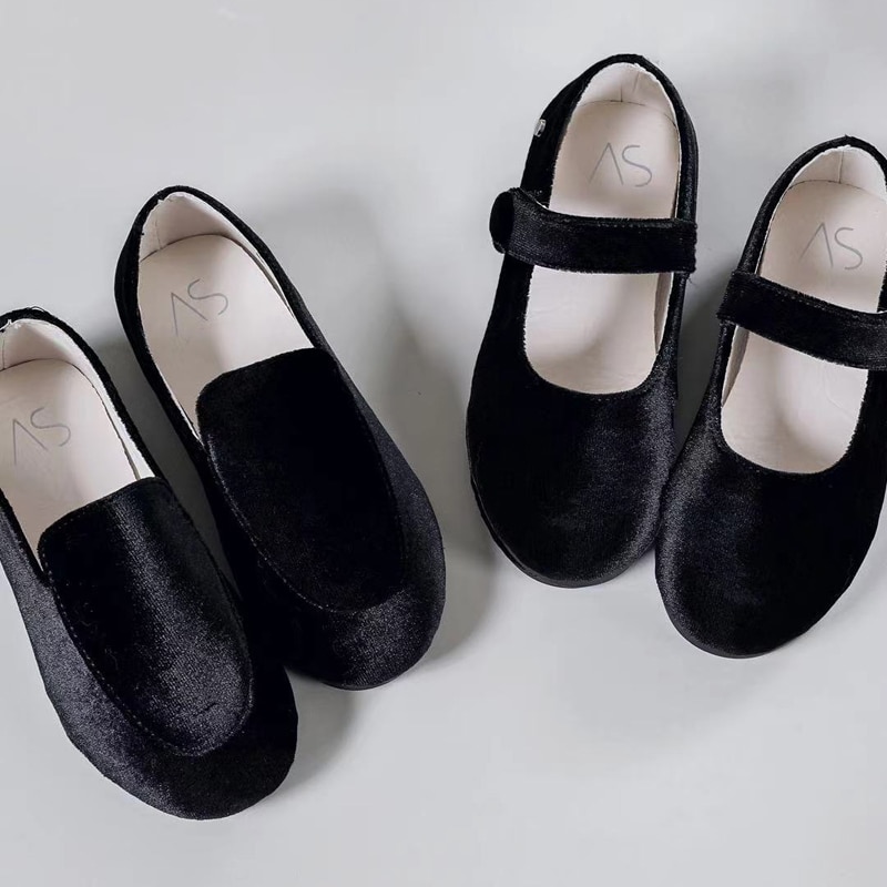 Zapatos informales para niños y niñas, mocasines de terciopelo, bailarinas, color negro, Mary Jane, para primavera